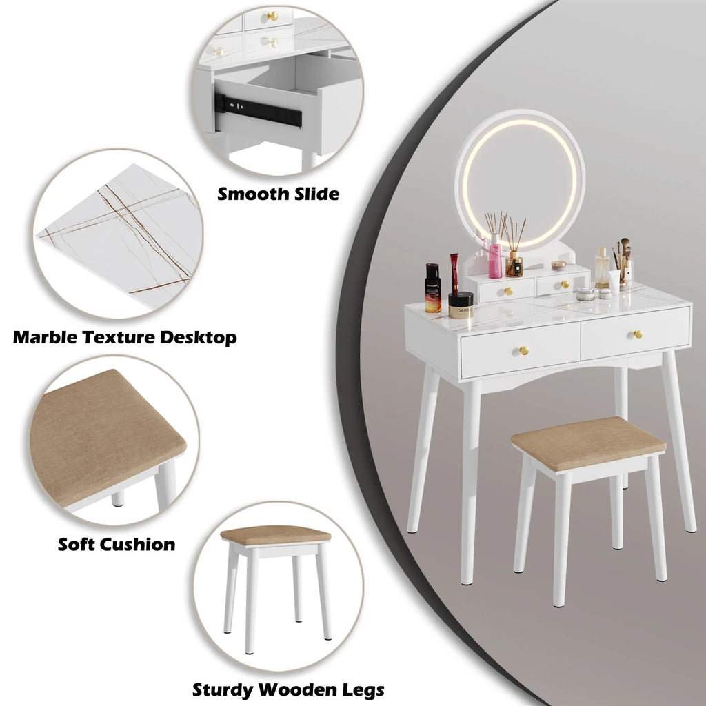 White Vanity Table with Lighted Mirror, Stool and 4 Drawers L69883