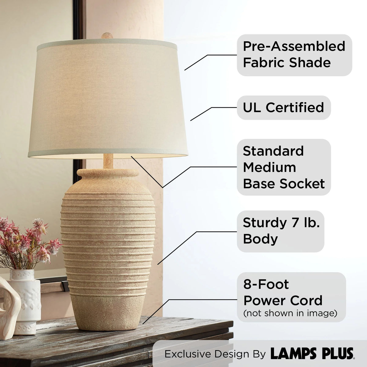 28" Tall Table Lamp with Cream Linen Drum Shade C407