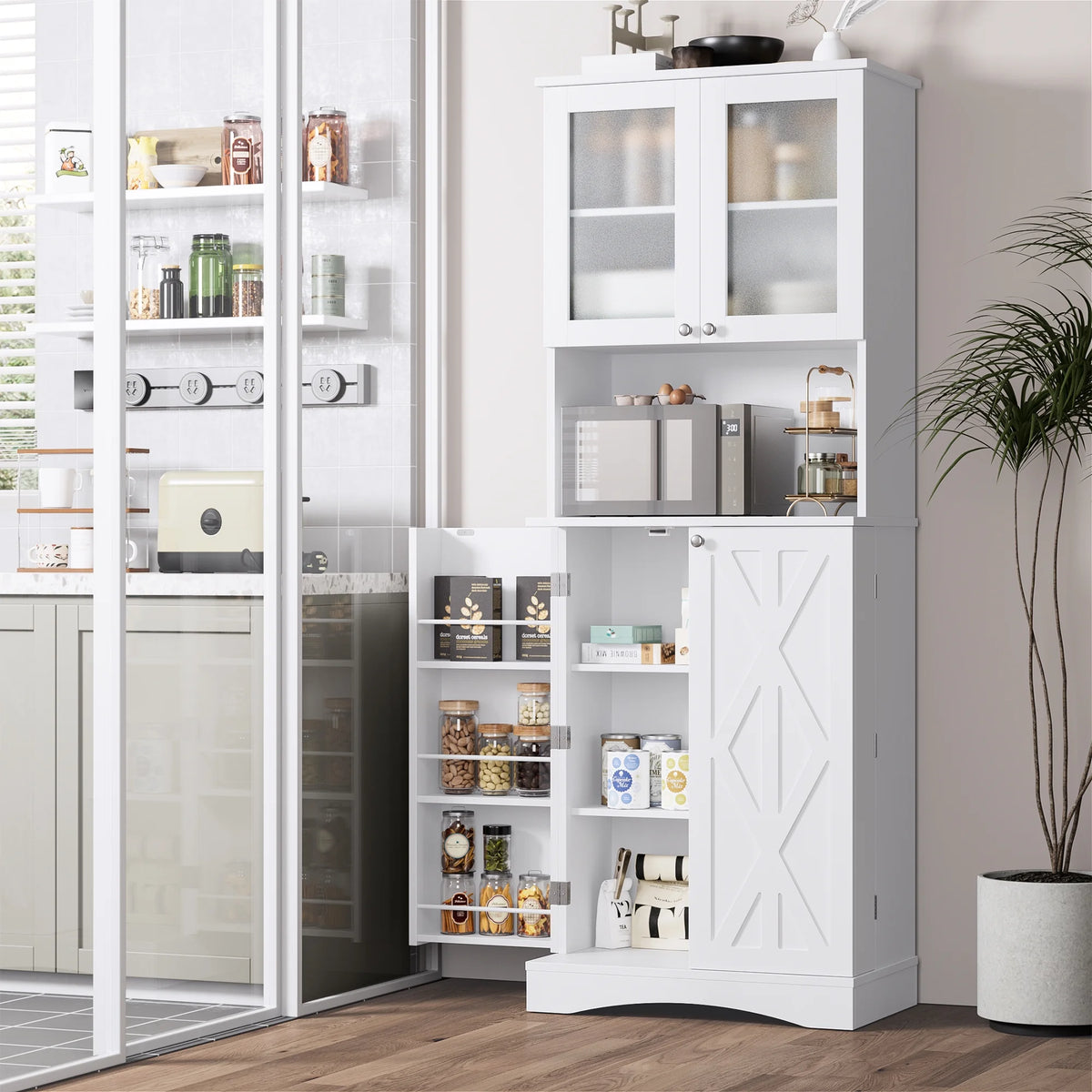 63'' White 4 Door Kitchen Storage Cabinet with Adjustable Shelves S88017