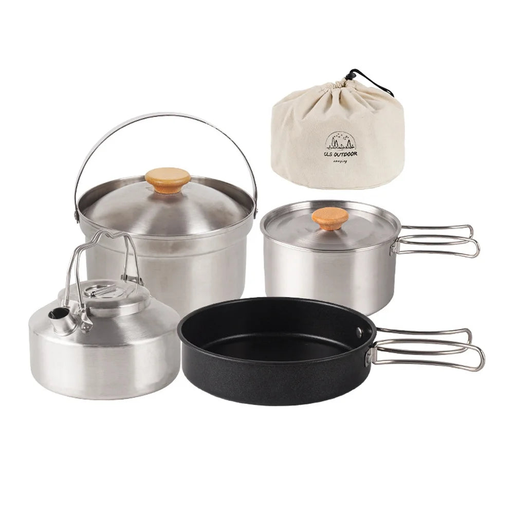 Stainless Steel Camping Cookware Set with Pot Frying Pan Kettle X565979
