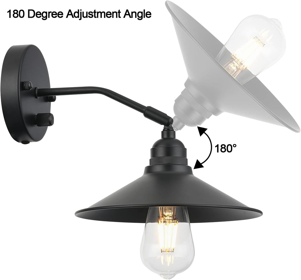 Industrial Farmhouse Metal Wall Sconce with on/Off Switch, Matt Black Funnel Shade S1451