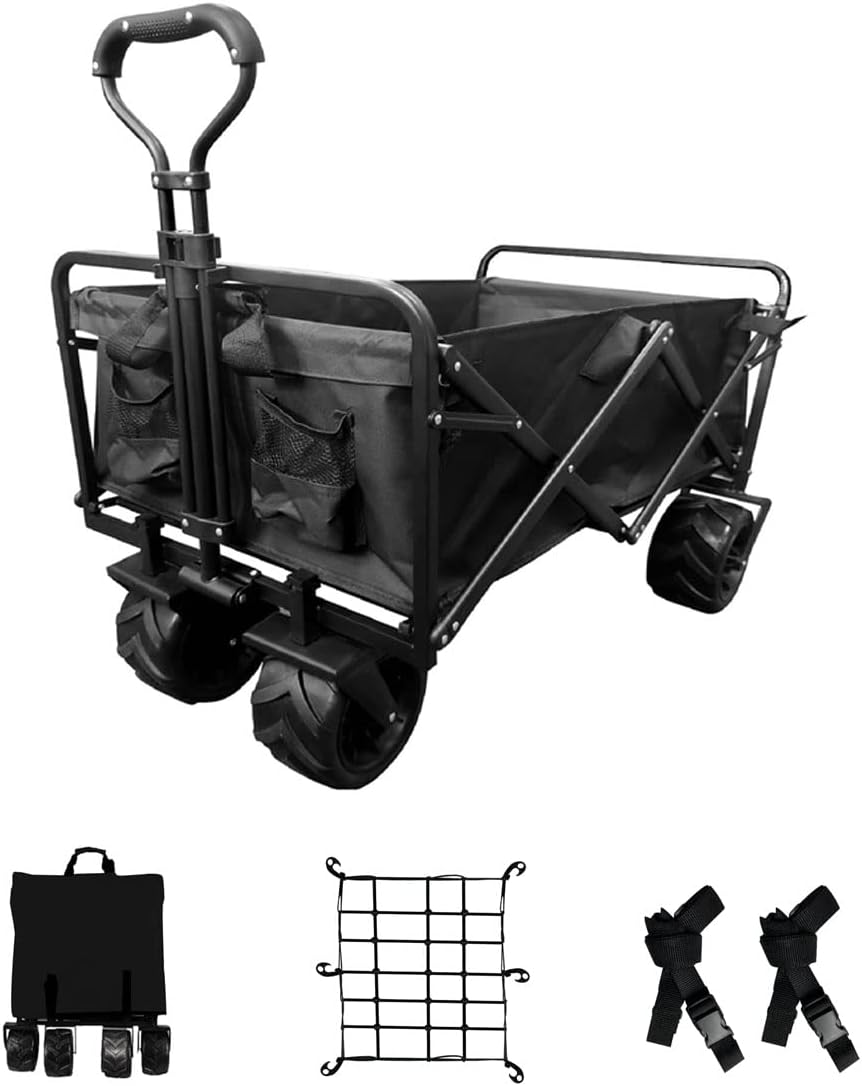 Collapsible Heavy Duty Beach Wagon Cart with Universal Wheels Adjustable Handle (Black) R63819