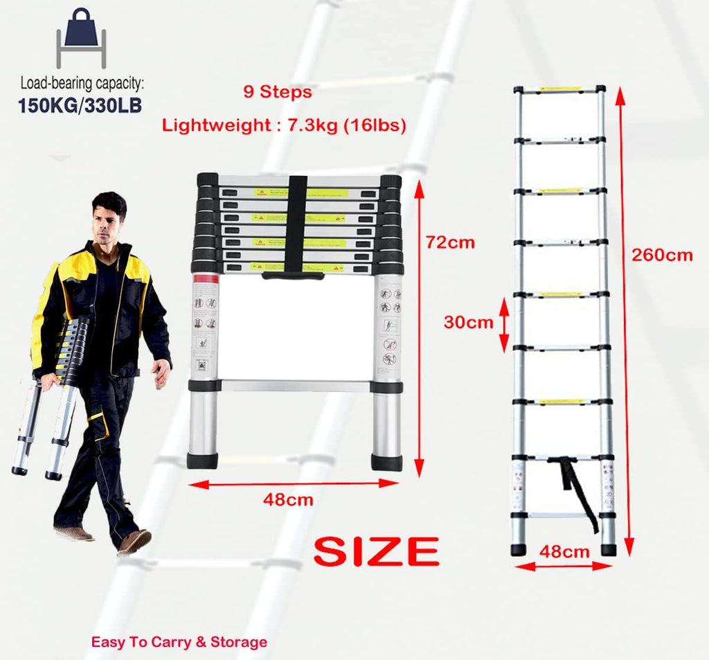 2.6M Aluminium Telescopic Ladder 9 Steps 150kg O2976