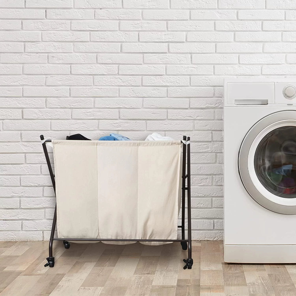 3 Compartment Rolling Canvas Laundry Sorter Hamper with Wheels V9195