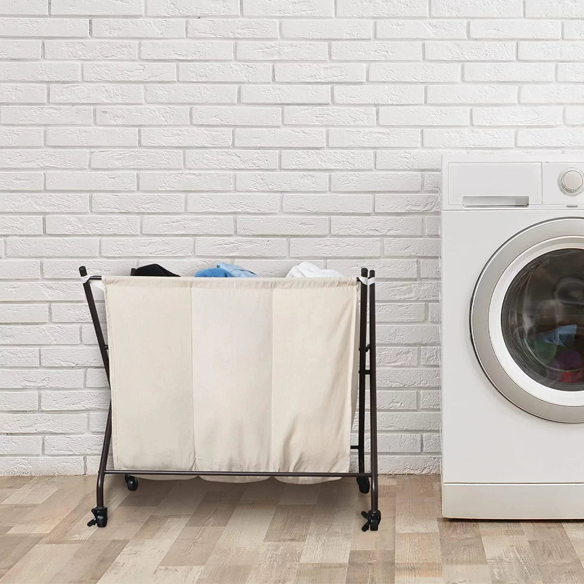 3 Compartment Rolling Canvas Laundry Sorter Hamper with Wheels V9195