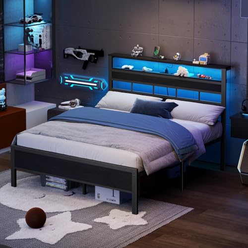 Full Size Black Oak Bed Frame with Storage Headboard and Charging Station Q352664