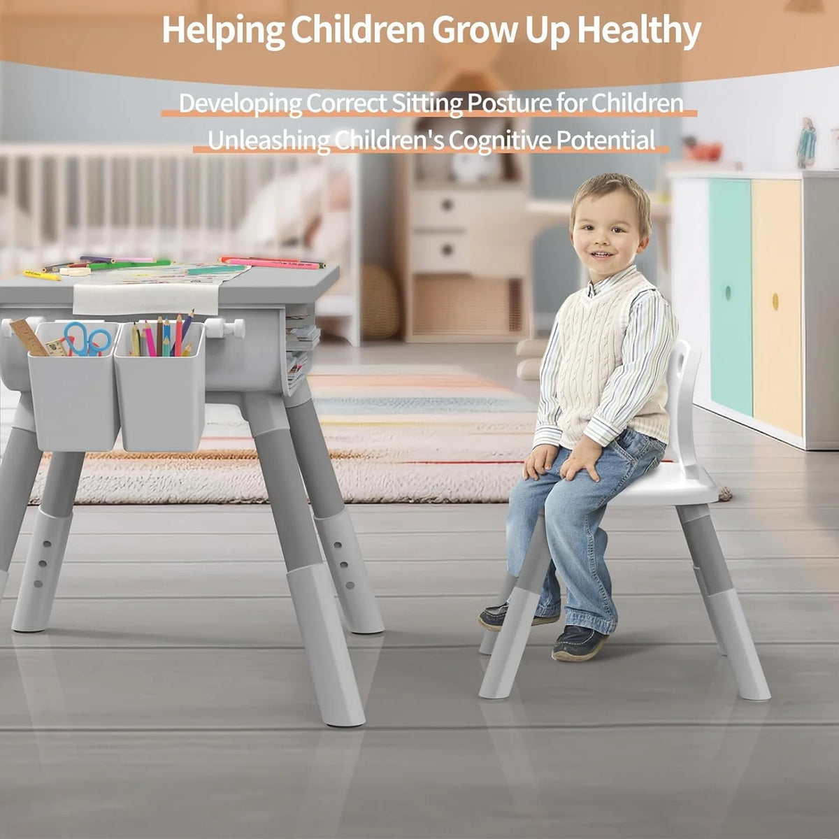 Kids Adjustable Height Wooden Table and Chair Set J24580