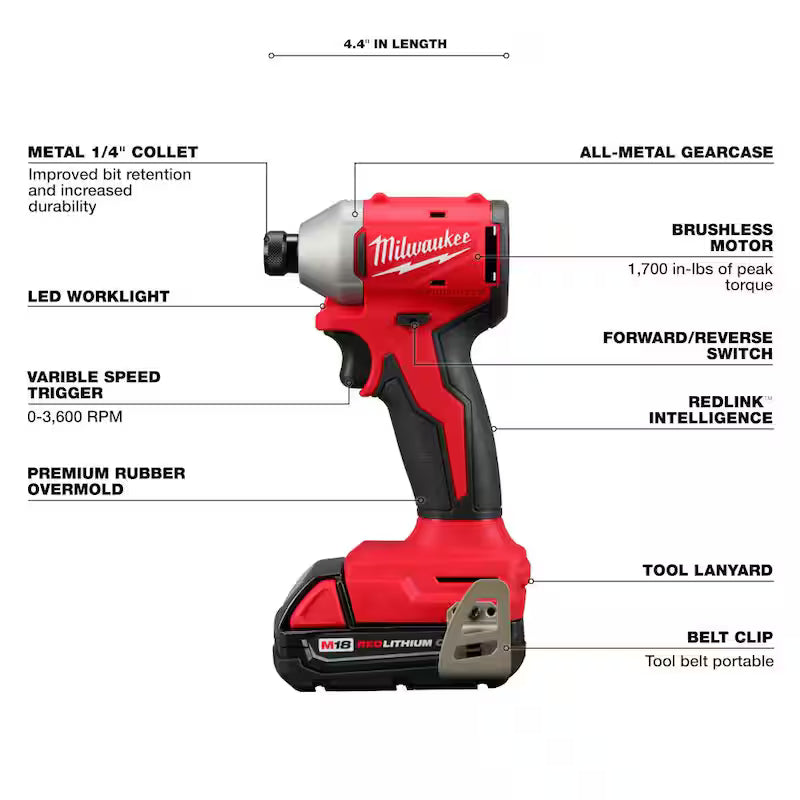 18-Volt Lithium-Ion Brushless Cordless Compact Drill/Impact Combo Kit with 2 Batteries, Charger, Bag & 2 Gal Vac H743