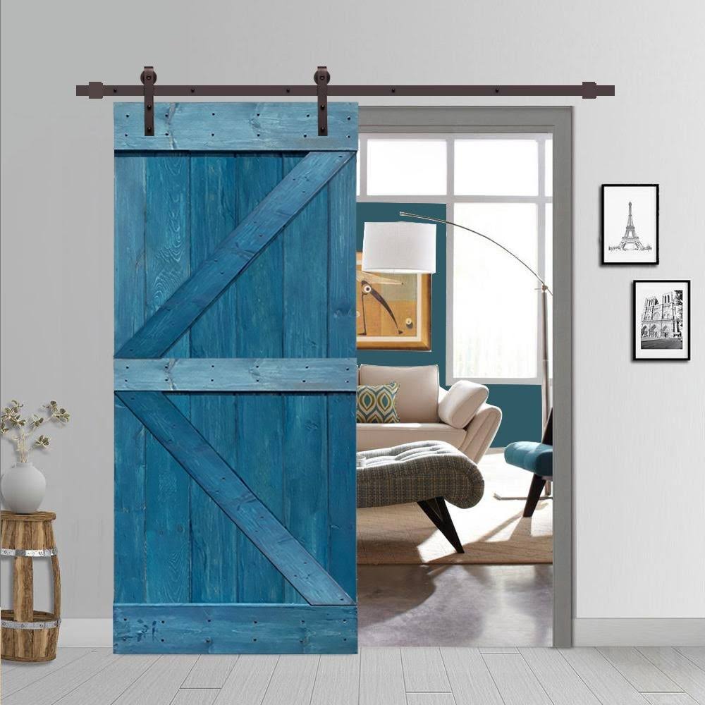 Ocean Blue Stained Wood Sliding Barn Door with Hardware Kit X25484