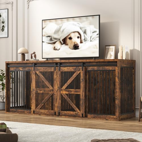 Black Wooden Dog Crate TV Stand with Sliding Metal Mesh Barn Door J541241