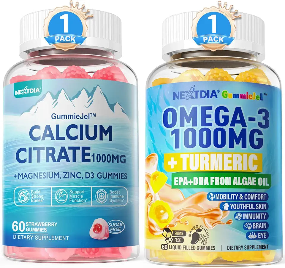Sugar Free Calcium Citrate 1000mg Magnesium Citrate 500mg Liquid Filled Gummies & Vegan Omega-3 Gummies 1000mg Turmeric Liquid Filled Gummies I568