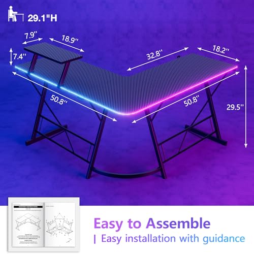 Black 51 Inch L Shaped Gaming Desk with LED Lights X926454