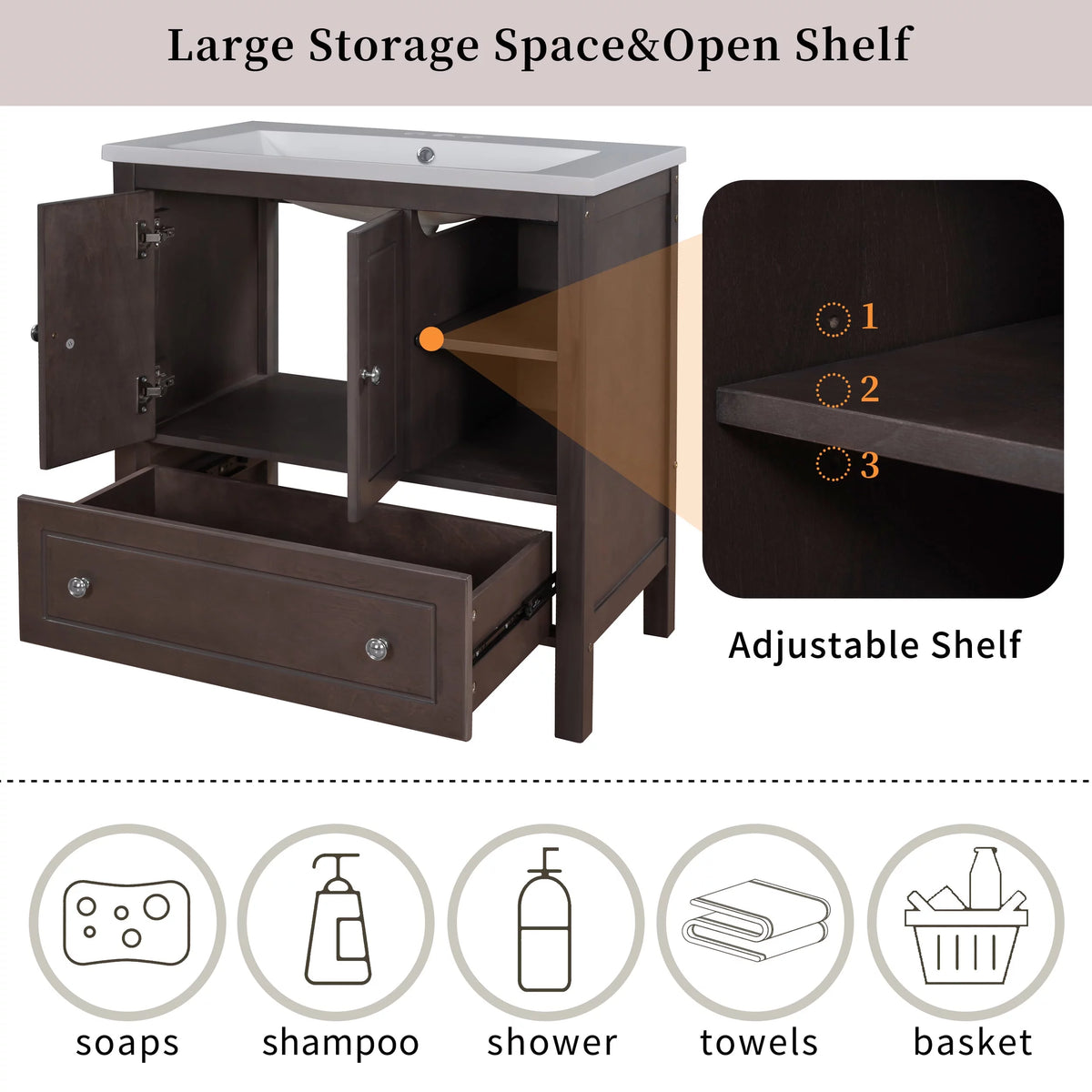 30" Brown Solid Wood Bathroom Vanity Base Only M2149