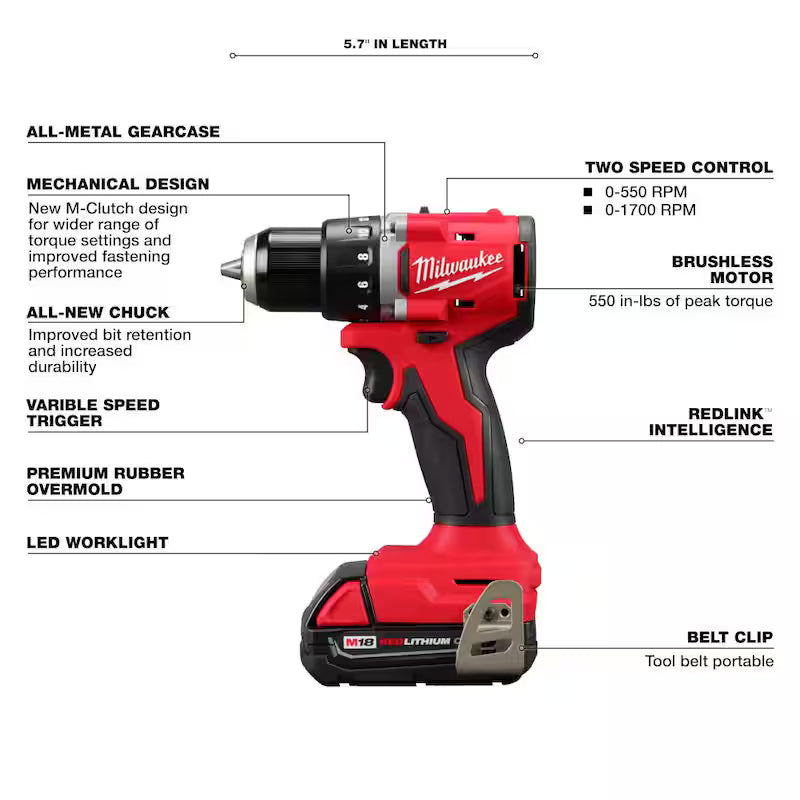 18-Volt Lithium-Ion Brushless Cordless Compact Drill/Impact Combo Kit with 2 Batteries, Charger, Bag & 2 Gal Vac H743