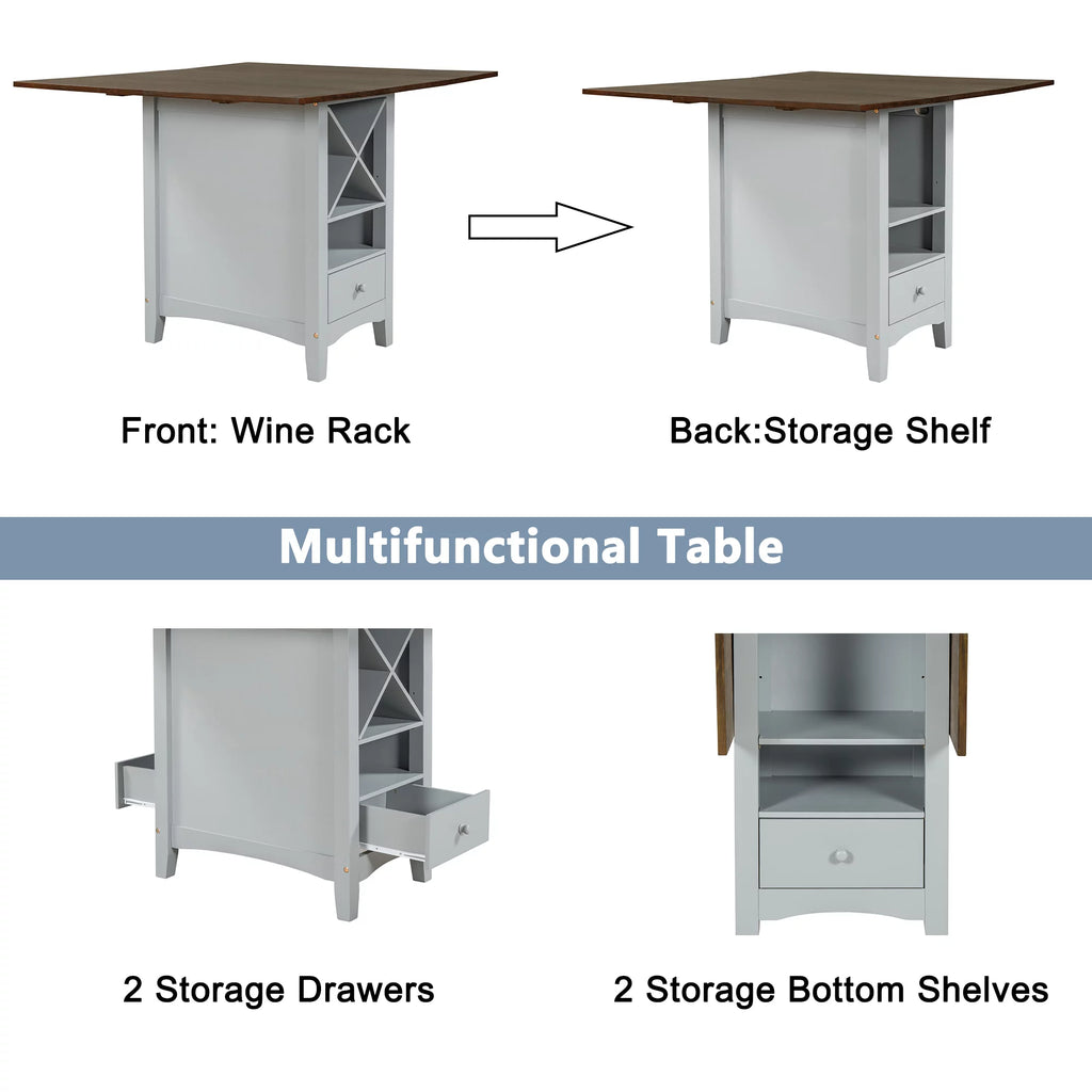 5 Piece Counter Height Dining Set with Wine Rack and Drop Leaf T549