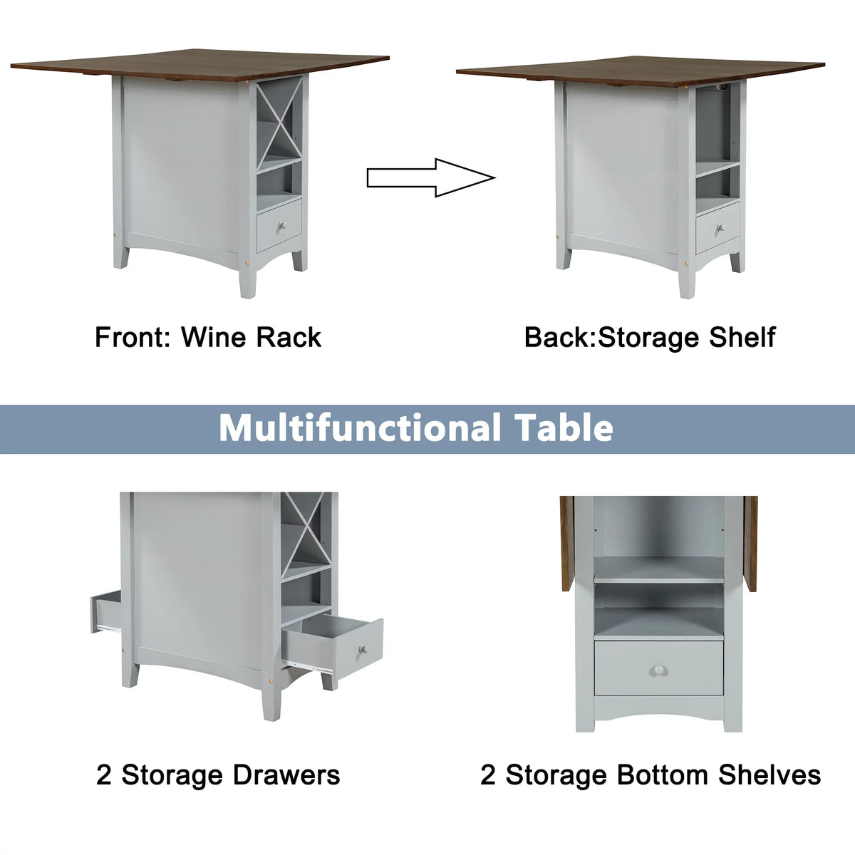5 Piece Counter Height Dining Set with Wine Rack and Drop Leaf T549