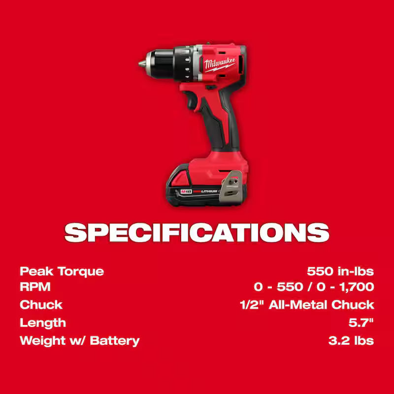 18-Volt Lithium-Ion Brushless Cordless Compact Drill/Impact Combo Kit with 2 Batteries, Charger, Bag & 2 Gal Vac H743