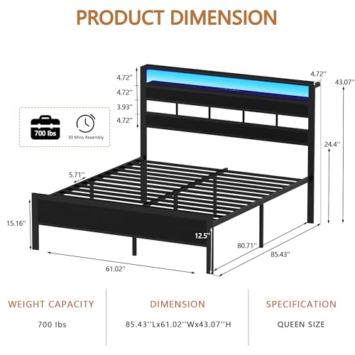 Full Size Black Oak Bed Frame with Storage Headboard and Charging Station Q352664
