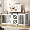 Black Wooden Dog Crate TV Stand with Sliding Metal Mesh Barn Door J541241