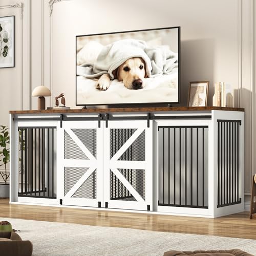 Black Wooden Dog Crate TV Stand with Sliding Metal Mesh Barn Door J541241