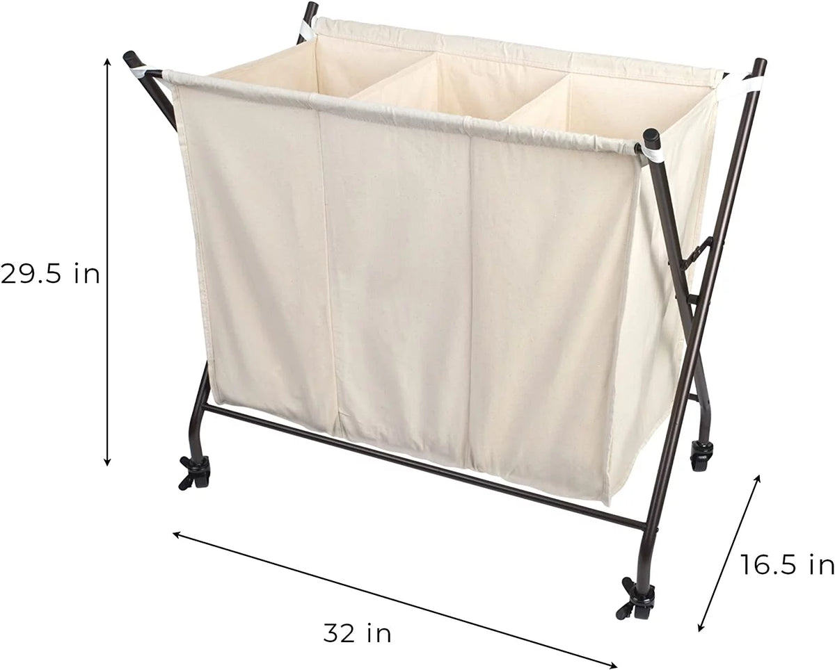 3 Compartment Rolling Canvas Laundry Sorter Hamper with Wheels V9195