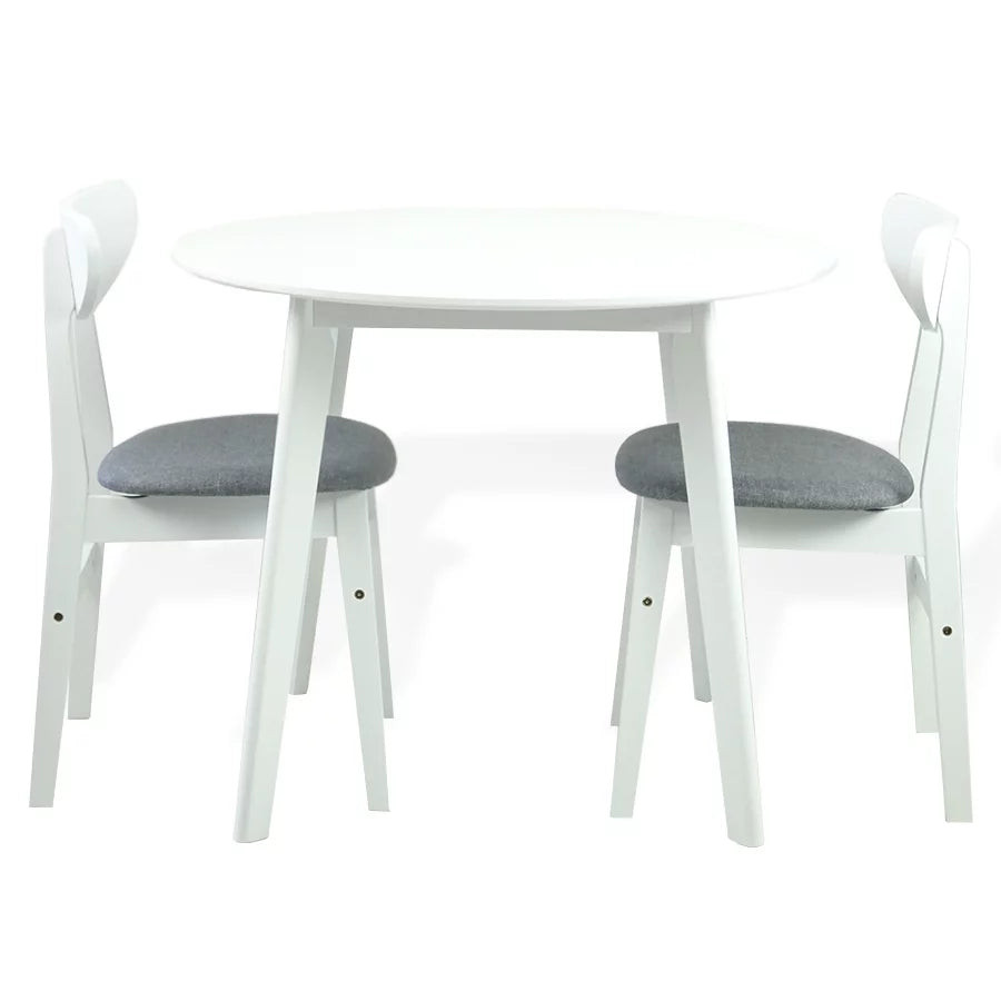 Set of 2 Chairs and Round Dining Table Solid Wood Padded Seat White L4921