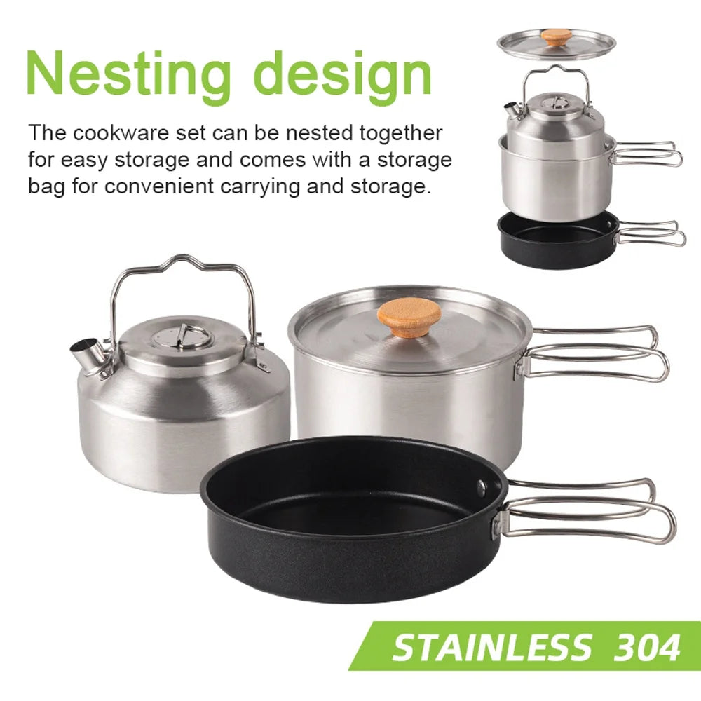 Stainless Steel Camping Cookware Set with Pot Frying Pan Kettle X565979