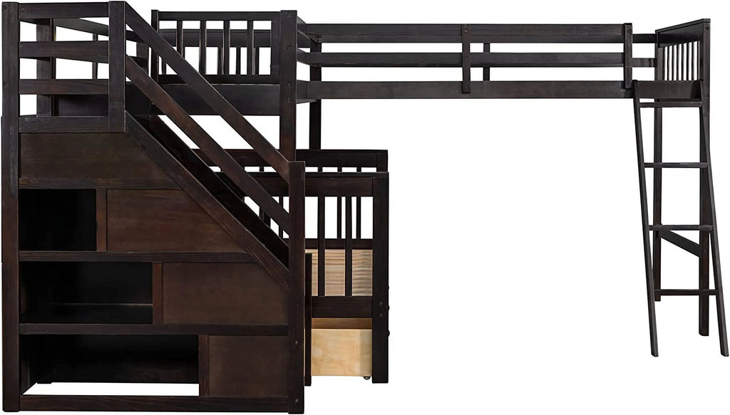Twin Over Full L-Shaped Triple Bunk Bed with 3 Storage Drawers and Stairs I30393