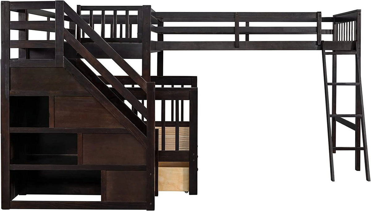 Twin Over Full L-Shaped Triple Bunk Bed with 3 Storage Drawers and Stairs I30393