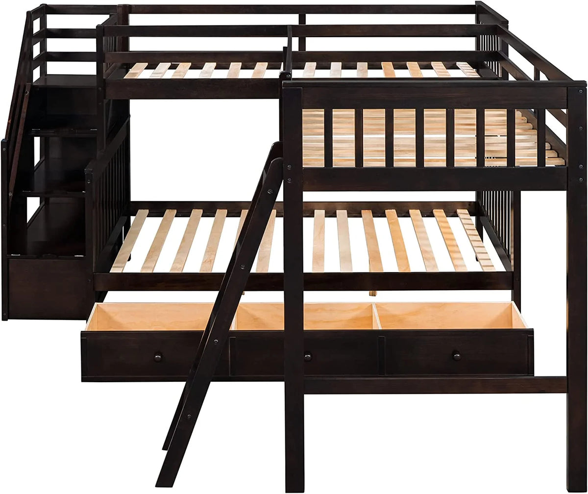 Twin Over Full L-Shaped Triple Bunk Bed with 3 Storage Drawers and Stairs I30393