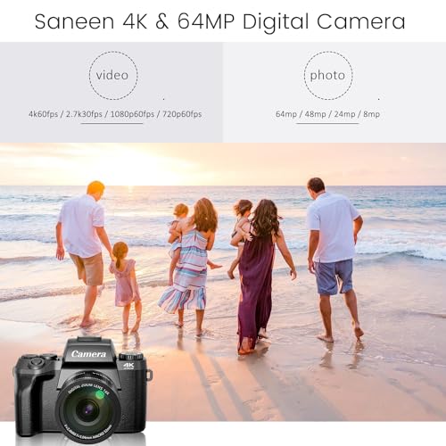 4K 64MP WiFi Touch Screen Digital Camera with Flash, 32GB SD Card, Lens Hood, 3000mAH Battery - Black S518