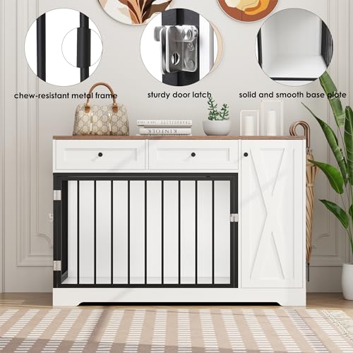 White Wooden Dog Crate with Double Doors and 2 Drawers V709