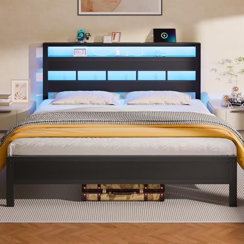 Full Size Black Oak Bed Frame with Storage Headboard and Charging Station Q352664