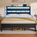 Full Size Black Oak Bed Frame with Storage Headboard and Charging Station Q352664