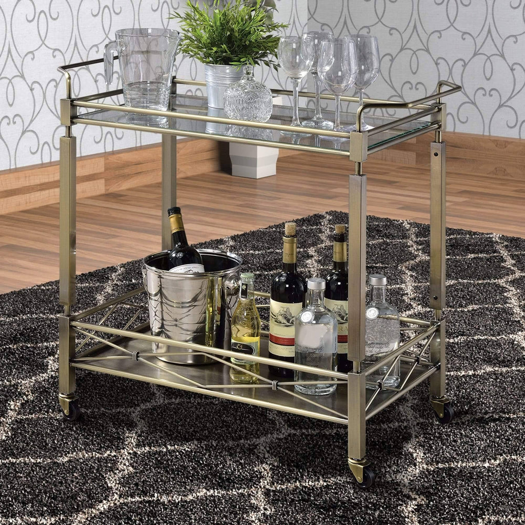 Antique Gold Two Tiered Metal Serving Cart with Glass Shelves U492553
