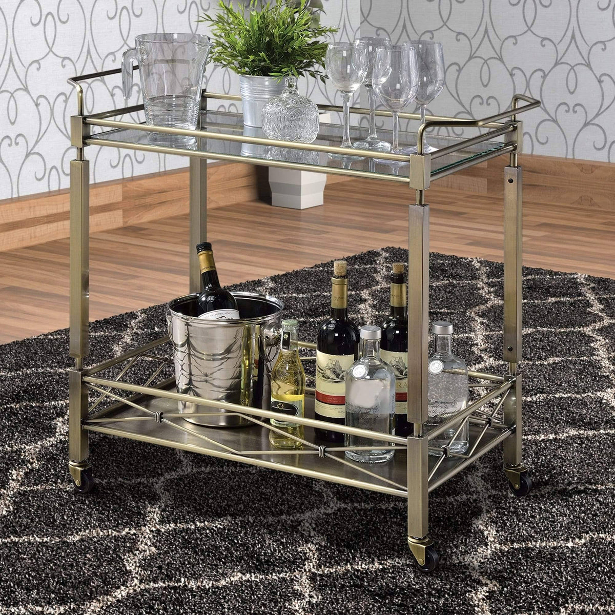 Antique Gold Two Tiered Metal Serving Cart with Glass Shelves U492553