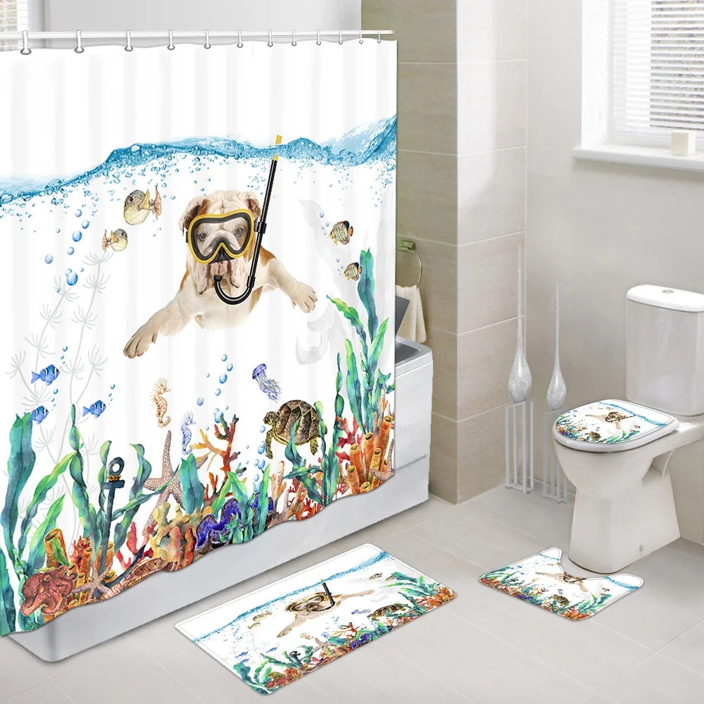 Funny Diving English Bulldog Shower Curtain Set with Hooks 69 x 70Inch, Bathroom Sets with Shower Curtain and Rugs, Toilet Lid Cover and Bath Mat B6514