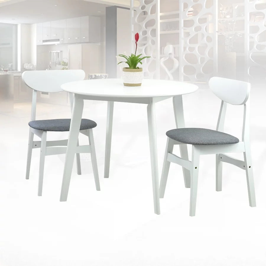 Set of 2 Chairs and Round Dining Table Solid Wood Padded Seat White L4921