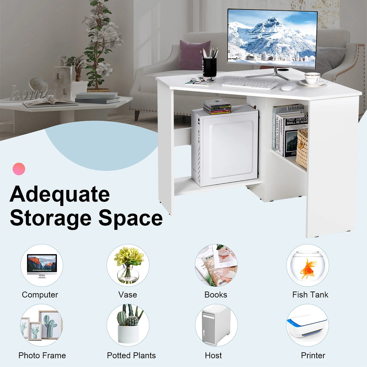 Corner Computer Desk with Storage Shelf White A728436