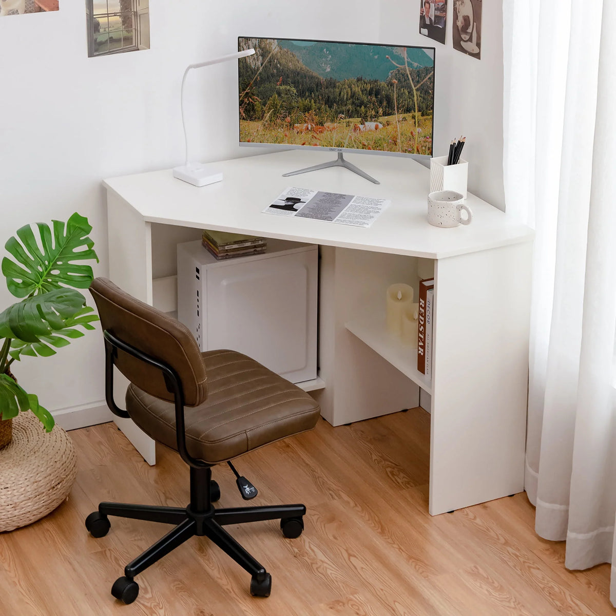 Corner Computer Desk with Storage Shelf White A728436