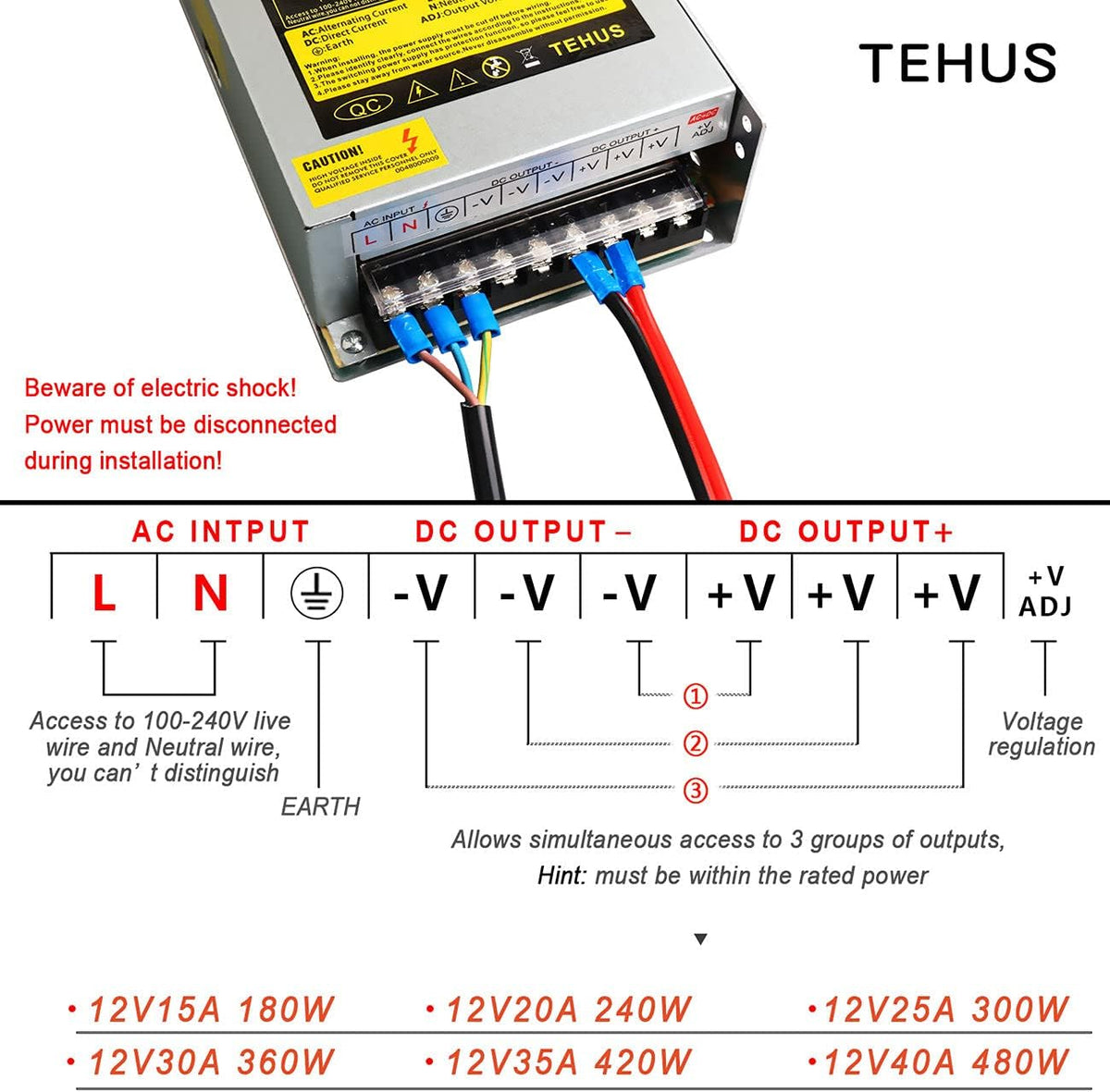 Switching Power Supply AC 110V/220V to DC 12V 40A 480W Power Adapter Transformer S6571