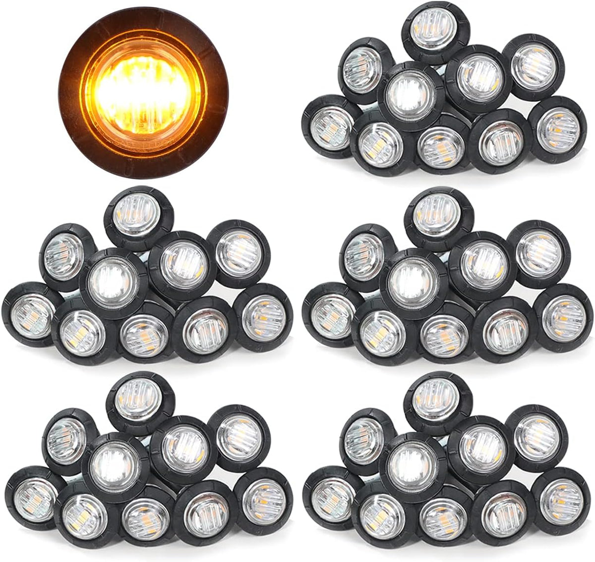 3/4 Inch Amber 3 LED Round Side Marker Indicator Lights with Black Rubbers 12V DC J3116