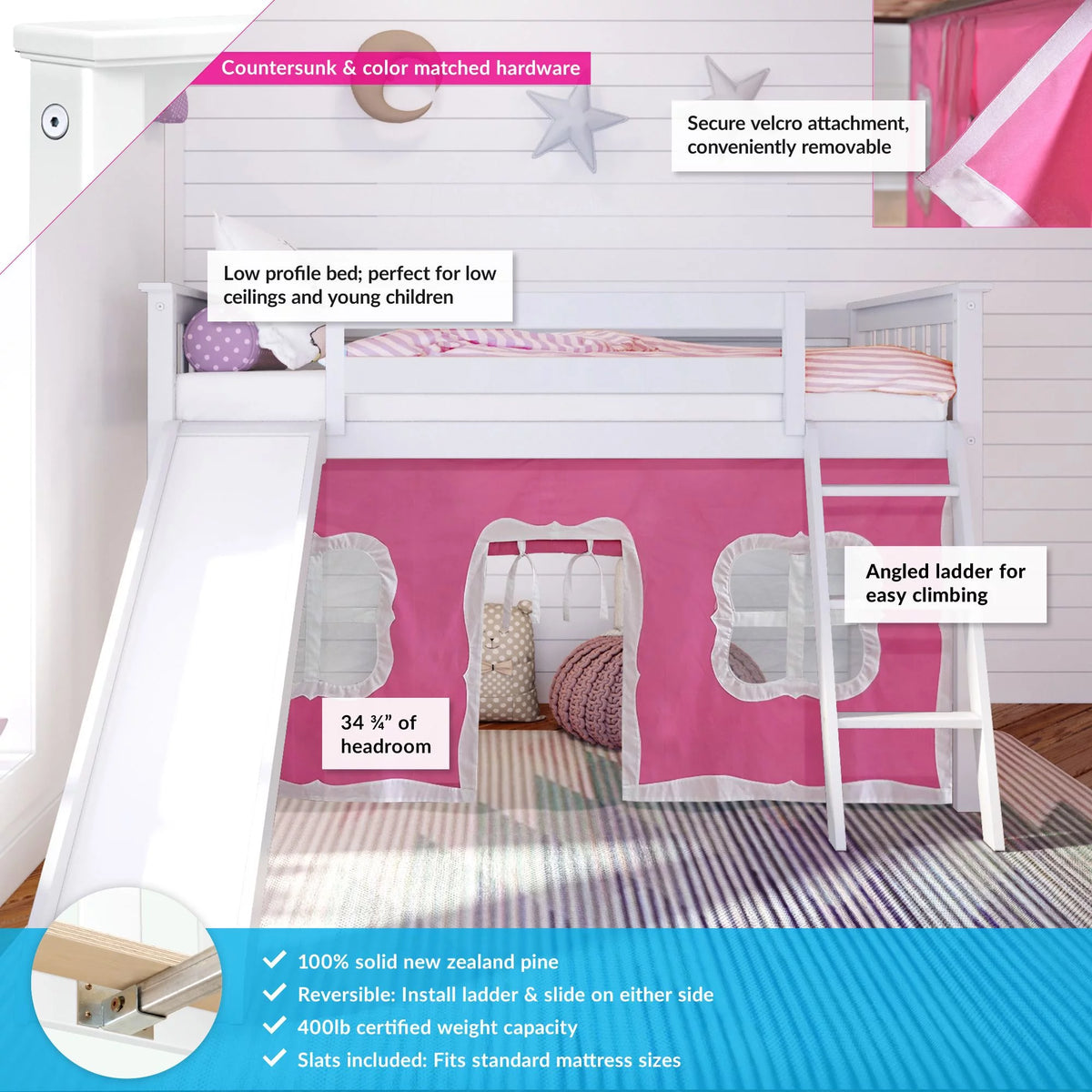 Twin Low Loft Wood Bunk Bed with Slide and Pink Curtain Q893