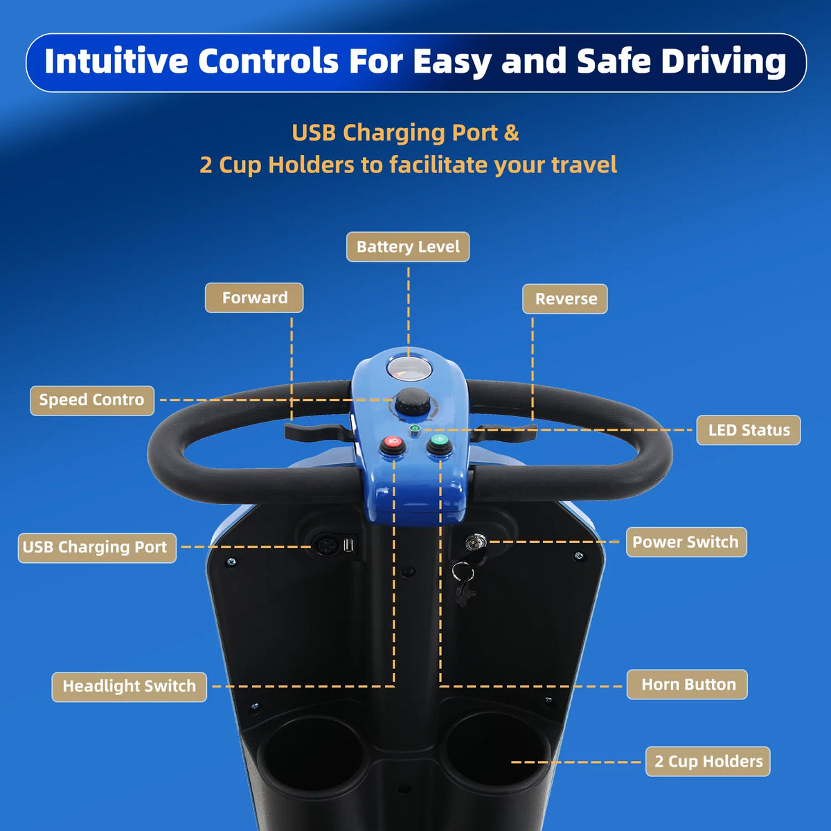 Blue 4 Wheels Folding Mobility Scooter with USB Charging Port B78334