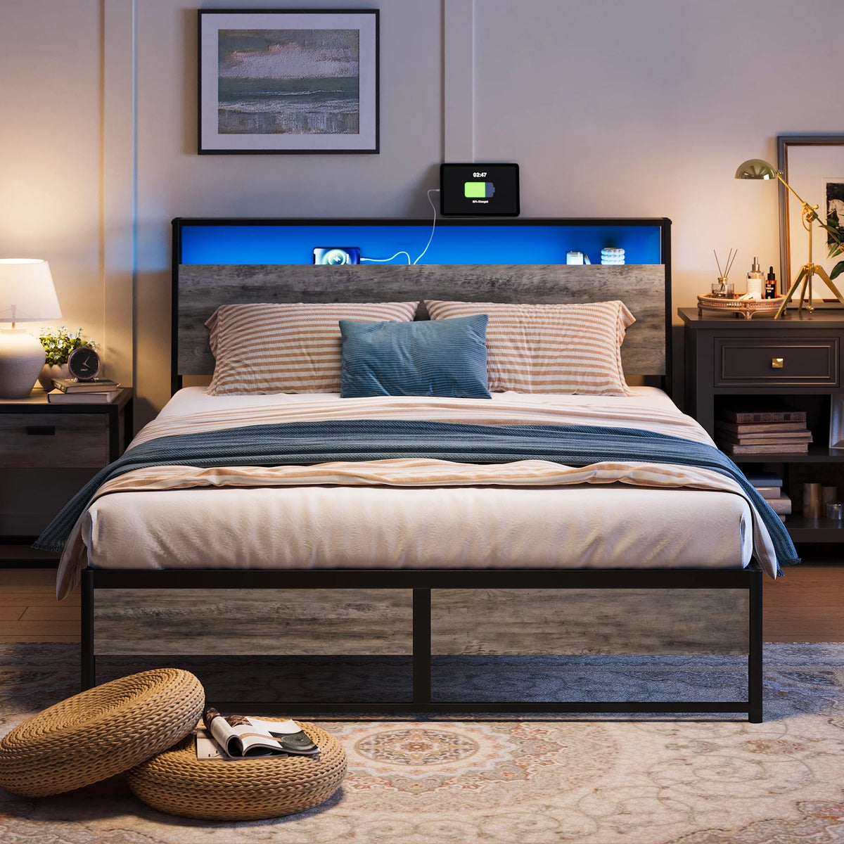 Full Size Metal Platform Bed Frame with Headboard and 3 Storage Shelves X702149