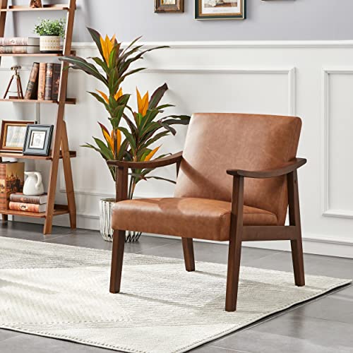 Brown PU Leather Accent Chair with Solid Wood Legs G5669