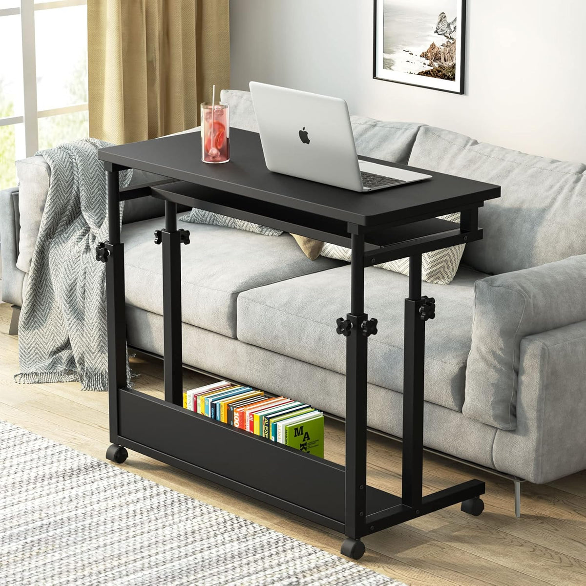 Black Height Adjustable Rolling Computer Desk with Keyboard Tray F495