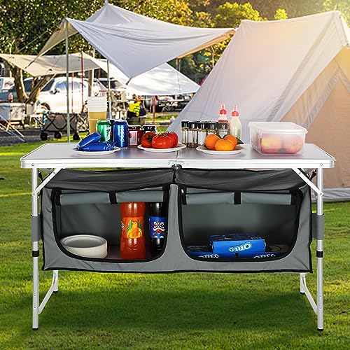 3 Adjustable Height Folding Camping Kitchen Table with Storage Organizer F247440