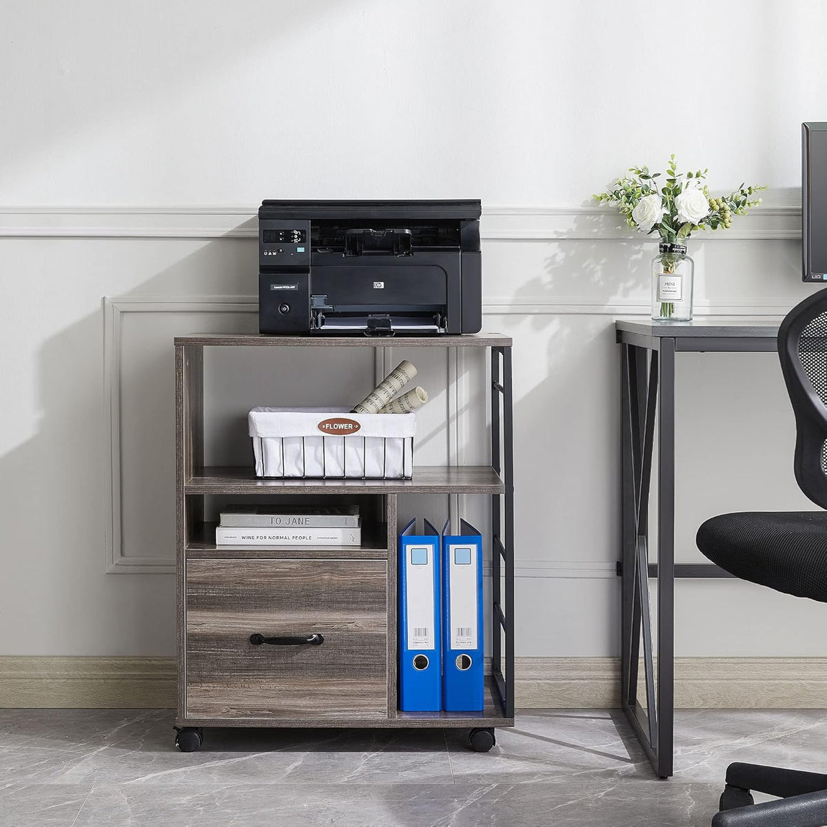 Rolling File Cabinet with Drawer and Open Storage Shelves, Retro Grey J5970