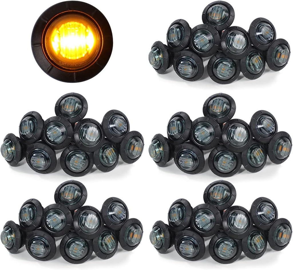 3/4 Inch Amber 3 LED Round Side Marker Indicator Lights with Black Rubbers 12V DC J3116